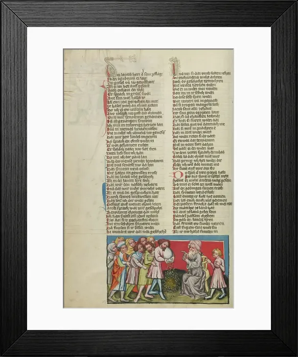 Framed Print : The Discovery of the Gold Hidden in the Corn Bags; Weltchronik, about 1400-1410. Creator: Unknown Framed Print : The Discovery of the Gold Hidden in the Corn Bags; Weltchronik, about 1400-1410. Creator: Unknown