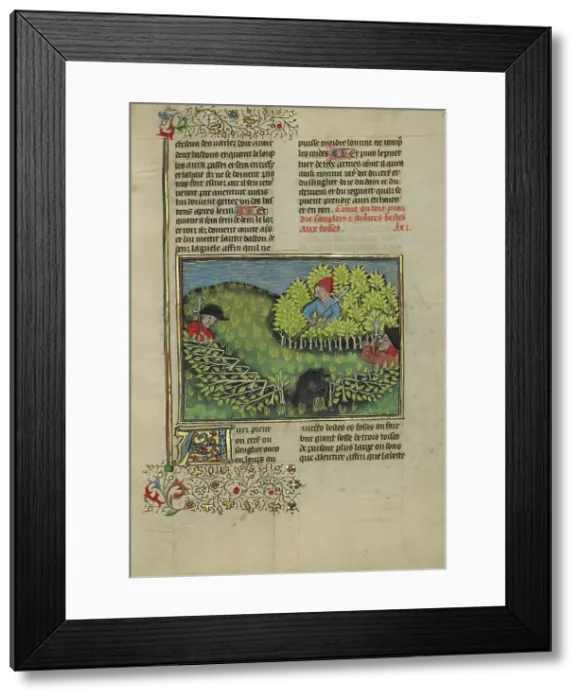 Framed Print : Hunters Driving a Wild Boar into a Pit; Livre de la Chasse, about 1430-1440. Creator: Unknown Framed Print : Hunters Driving a Wild Boar into a Pit; Livre de la Chasse, about 1430-1440. Creator: Unknown