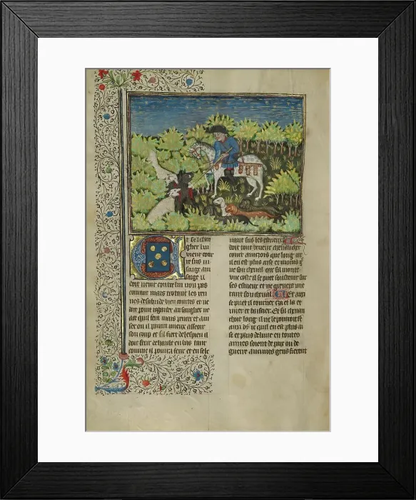 Framed Print : A Hunter and Dogs Killing a Wild Boar; Livre de la Chasse, about 1430-1440. Creator: Unknown Framed Print : A Hunter and Dogs Killing a Wild Boar; Livre de la Chasse, about 1430-1440. Creator: Unknown