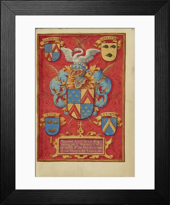 Framed Print : Arms of Lois de la Fontaine; Crohin-La Fontaine Hours, (about 1480-1485?). Creator: Unknown Framed Print : Arms of Lois de la Fontaine; Crohin-La Fontaine Hours, (about 1480-1485?). Creator: Unknown