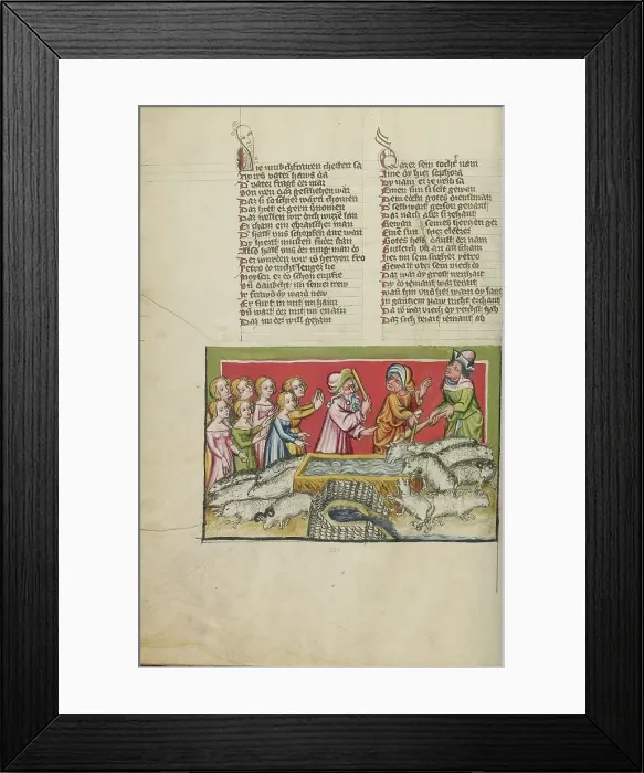 Framed Print : Moses Driving Away the Shepherds at the Well in Midian; Weltchronik, about 1400-1410. Creator: Unknown Framed Print : Moses Driving Away the Shepherds at the Well in Midian; Weltchronik, about 1400-1410. Creator: Unknown