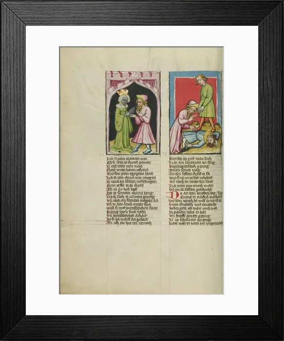 Framed Print : Moses Leaves Tabris, the King's Daughter, with a Magic Ring: Moses Killing an... about 1400-10. Creator: Unknown Framed Print : Moses Leaves Tabris, the King's Daughter, with a Magic Ring: Moses Killing an... about 1400-10. Creator: Unknown