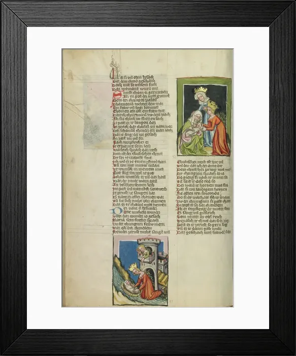 Framed Print : The Finding of Moses: A Handmaid of Pharaoh's Daughter Nurses Moses; Weltchronik, about 1400-1410. Creator: Unknown Framed Print : The Finding of Moses: A Handmaid of Pharaoh's Daughter Nurses Moses; Weltchronik, about 1400-1410. Creator: Unknown