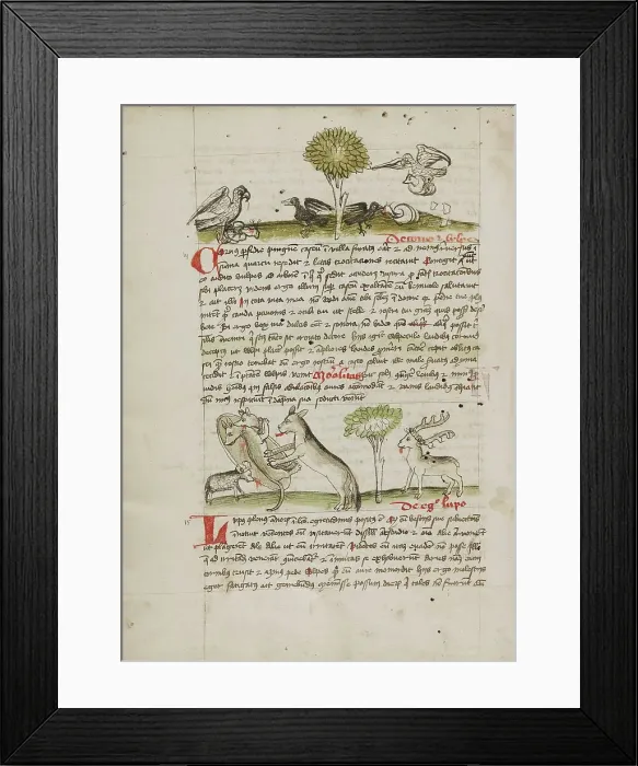 Framed Print : A Dog Biting a Wolf Laying Near his Den and Nearby a Sheep, a Donkey... third quarter of 15th cent. Creator: Unknown Framed Print : A Dog Biting a Wolf Laying Near his Den and Nearby a Sheep, a Donkey... third quarter of 15th cent. Creator: Unknown