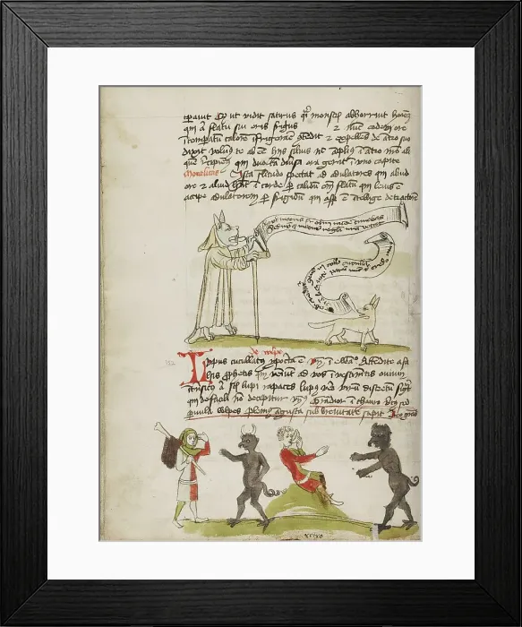 Framed Print : A Wolf in a Monk's Habit with a Fox and a Wolf: A Man Meeting a Devil, third quarter of 15th cent. Creator: Unknown Framed Print : A Wolf in a Monk's Habit with a Fox and a Wolf: A Man Meeting a Devil, third quarter of 15th cent. Creator: Unknown