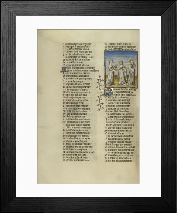 Framed Print : The Personification of Old Age Giving a Garland to Good Reception; Roman de la Rose, about 1405. Creator: Unknown Framed Print : The Personification of Old Age Giving a Garland to Good Reception; Roman de la Rose, about 1405. Creator: Unknown