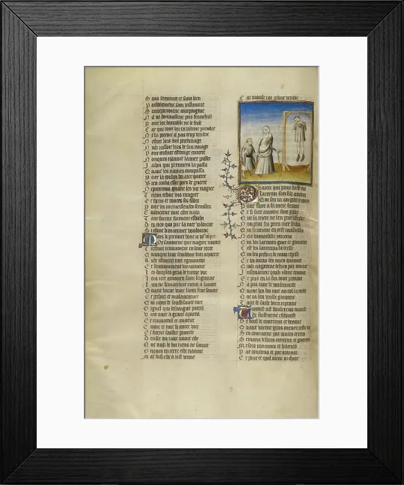 Framed Print : The Personification of Poverty Showing the Captive Riches at the Gallows to her Son, about 1405. Creator: Unknown Framed Print : The Personification of Poverty Showing the Captive Riches at the Gallows to her Son, about 1405. Creator: Unknown