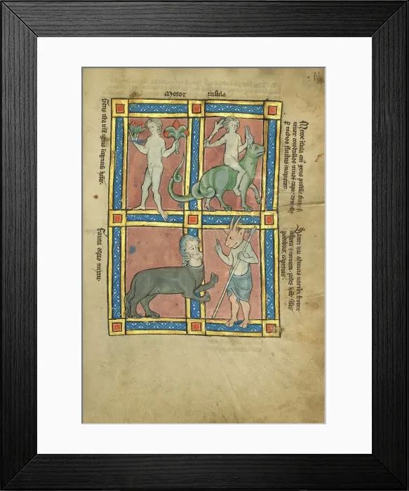 Framed Print : A Man Without Knowledge of Fire; A Man Riding a Crocodile; A Centaur; Sanrus... 1277 or after. Creator: Unknown Framed Print : A Man Without Knowledge of Fire; A Man Riding a Crocodile; A Centaur; Sanrus... 1277 or after. Creator: Unknown
