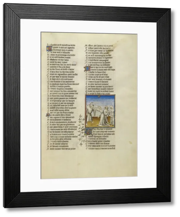 Framed Print : A Husband Beating his Wife with a Stick; Roman de la Rose, about 1405. Creator: Unknown Framed Print : A Husband Beating his Wife with a Stick; Roman de la Rose, about 1405. Creator: Unknown
