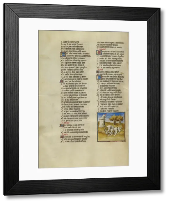 Framed Print : Three Men Cast to the Ground as the Castle of Generosity Collapses; Roman de la Rose, about 1405. Creator: Unknown Framed Print : Three Men Cast to the Ground as the Castle of Generosity Collapses; Roman de la Rose, about 1405. Creator: Unknown