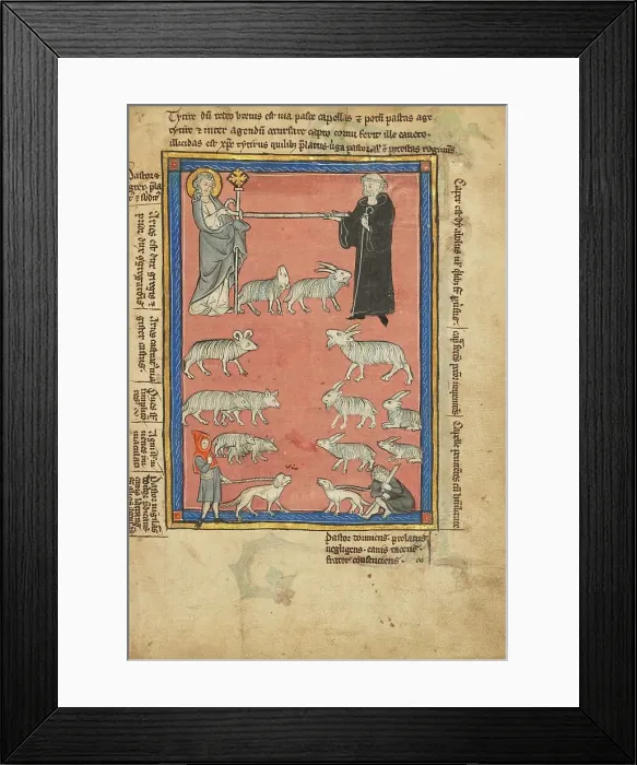 Framed Print : Christ and a Monk and Two Shepherds; De Natura Avium; De Pastoribus et Ovibus, 1277 or after. Creator: Unknown Framed Print : Christ and a Monk and Two Shepherds; De Natura Avium; De Pastoribus et Ovibus, 1277 or after. Creator: Unknown