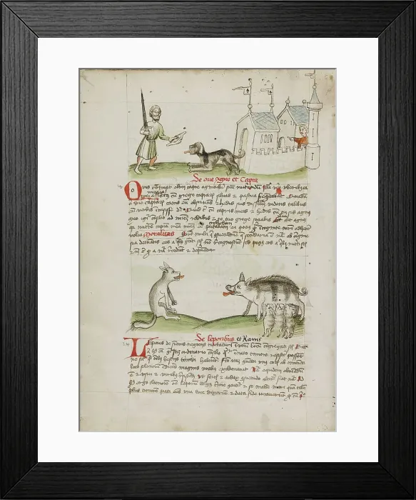 Framed Print : A Man with a Sword and a Dog with a Bone: A Wolf and a Pig; Fables, third quarter of 15th century. Creator: Unknown Framed Print : A Man with a Sword and a Dog with a Bone: A Wolf and a Pig; Fables, third quarter of 15th century. Creator: Unknown
