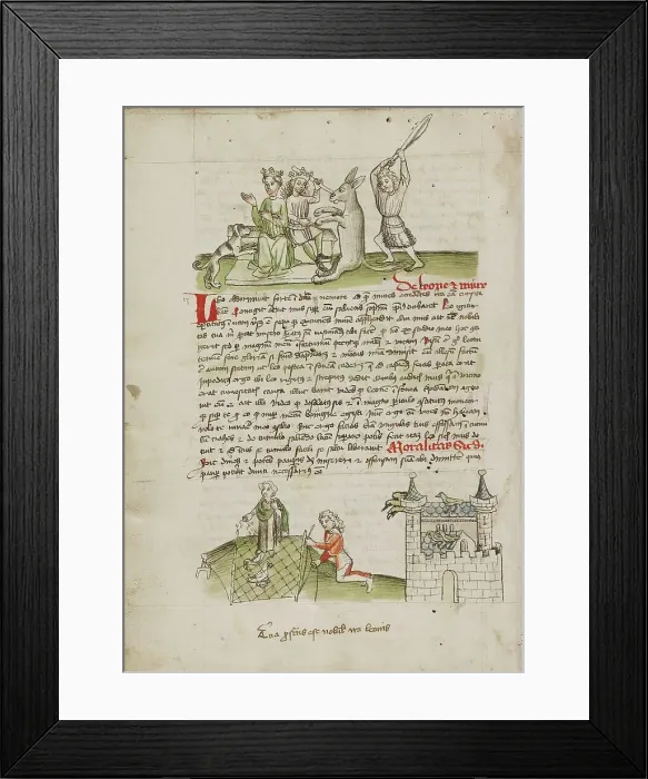 Framed Print : A Crowned Couple with a Dog and a Donkey: A Woman Feeding a Bird... third quarter of 15th century. Creator: Unknown Framed Print : A Crowned Couple with a Dog and a Donkey: A Woman Feeding a Bird... third quarter of 15th century. Creator: Unknown