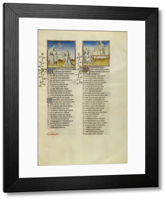 Framed Print : The God of Love Giving a Crosier and a Miter to Genius: Genius Reading a Scroll... about 1405. Creator: Unknown Framed Print : The God of Love Giving a Crosier and a Miter to Genius: Genius Reading a Scroll... about 1405. Creator: Unknown