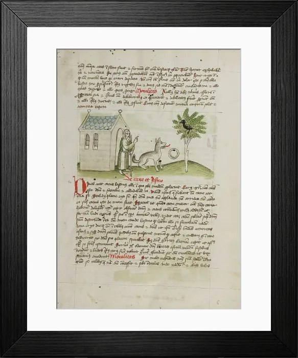 Framed Print : An Old Man Speaking to a Fox and a Magpie Sitting in a Tree; Fables, third quarter of 15th century. Creator: Unknown Framed Print : An Old Man Speaking to a Fox and a Magpie Sitting in a Tree; Fables, third quarter of 15th century. Creator: Unknown