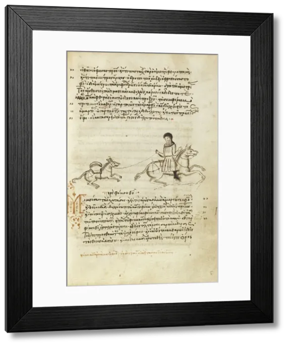 Framed Print : A Horseman Leading a Donkey; Miscellany: Physiologus: other texts, 1510-1520. Creator: Unknown