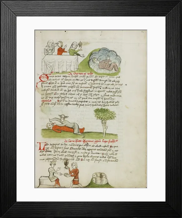 Framed Print : Three People at a Table and a Woman Holding a Storm-Lantern... third quarter of 15th century. Creator: Unknown Framed Print : Three People at a Table and a Woman Holding a Storm-Lantern... third quarter of 15th century. Creator: Unknown