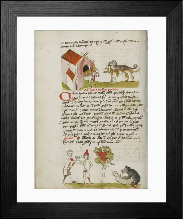 Framed Print : Four Dogs before a Doghouse: Two Men Making an Agreement; Fables, third quarter of 15th century. Creator: Unknown Framed Print : Four Dogs before a Doghouse: Two Men Making an Agreement; Fables, third quarter of 15th century. Creator: Unknown