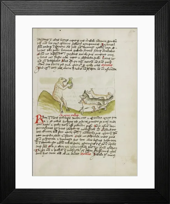 Framed Print : A Frog Sitting on a Hill Receiving a Vessel from a Group of Animals, third quarter of 15th century. Creator: Unknown Framed Print : A Frog Sitting on a Hill Receiving a Vessel from a Group of Animals, third quarter of 15th century. Creator: Unknown