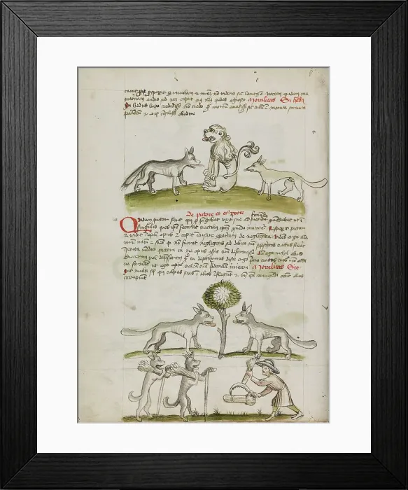 Framed Print : Fox and Wolf before a Lion: Two Wolves under a Tree Dragging Bales... third quarter of 15th cent. Creator: Unknown Framed Print : Fox and Wolf before a Lion: Two Wolves under a Tree Dragging Bales... third quarter of 15th cent. Creator: Unknown