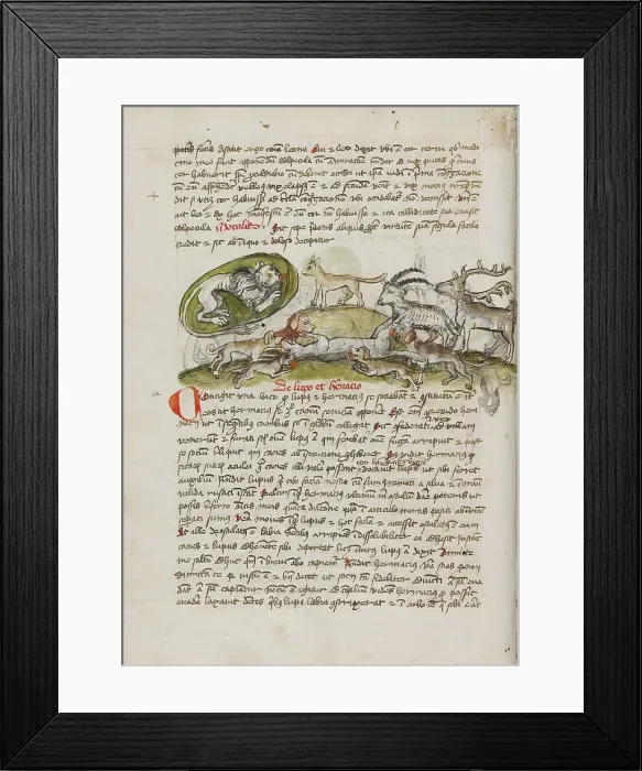 Framed Print : A Lion in its Den and Animals Biting a Wolf; Fables, third quarter of 15th century. Creator: Unknown Framed Print : A Lion in its Den and Animals Biting a Wolf; Fables, third quarter of 15th century. Creator: Unknown