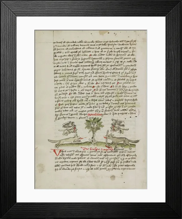 Framed Print : An Eagle Flying to its Nest with a Young Fox in its Beak; Fables, third quarter of 15th century. Creator: Unknown Framed Print : An Eagle Flying to its Nest with a Young Fox in its Beak; Fables, third quarter of 15th century. Creator: Unknown