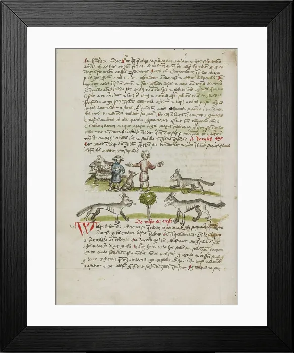 Framed Print : A Shepherd with his Dog and Flock: A Man Chasing Away a Wolf; Fables, third quarter of 15th century. Creator: Unknown Framed Print : A Shepherd with his Dog and Flock: A Man Chasing Away a Wolf; Fables, third quarter of 15th century. Creator: Unknown