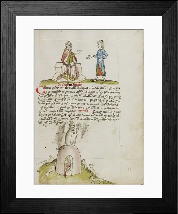 Framed Print : An Elderly Man Speaking to a Younger Man: A Cat with a Bishop's... third quarter of 15th century. Creator: Unknown Framed Print : An Elderly Man Speaking to a Younger Man: A Cat with a Bishop's... third quarter of 15th century. Creator: Unknown