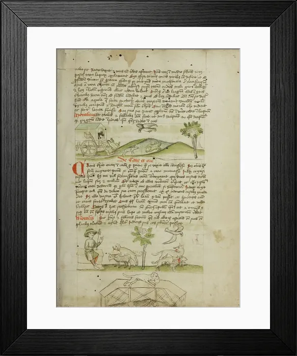 Framed Print : A Mouse in a Wagon and a Frog Scrambling Up Steps: A Dog and... third quarter of 15th century. Creator: Unknown Framed Print : A Mouse in a Wagon and a Frog Scrambling Up Steps: A Dog and... third quarter of 15th century. Creator: Unknown