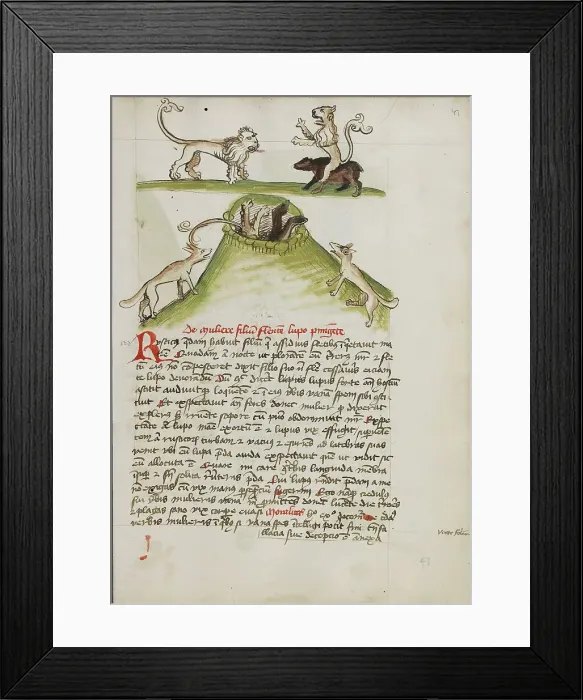 Framed Print : A Lion Standing on the Back of a Bear: Two Foxes in a Hole... third quarter of 15th century. Creator: Unknown Framed Print : A Lion Standing on the Back of a Bear: Two Foxes in a Hole... third quarter of 15th century. Creator: Unknown