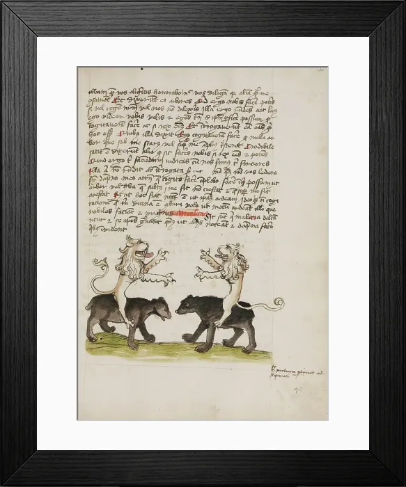 Framed Print : Two Lions Sitting on the Backs of Two Bears; Fables, third quarter of 15th century. Creator: Unknown Framed Print : Two Lions Sitting on the Backs of Two Bears; Fables, third quarter of 15th century. Creator: Unknown