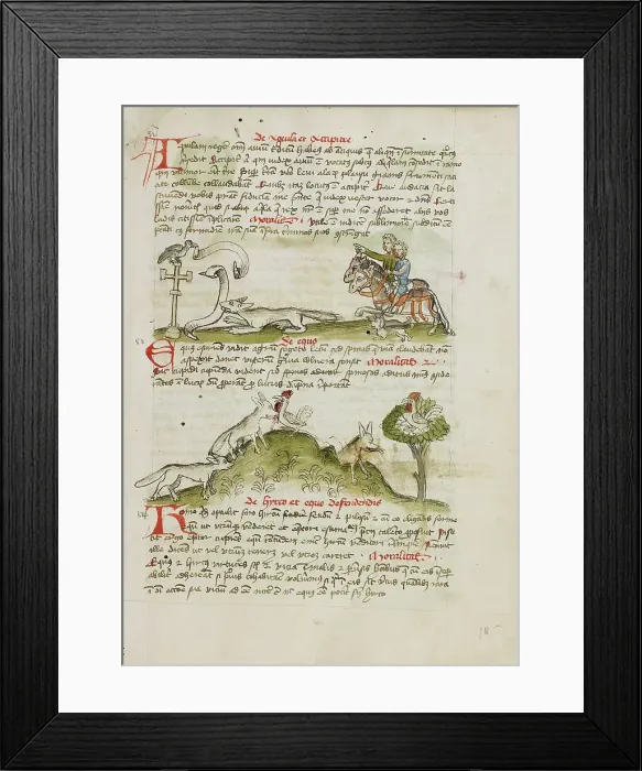 Framed Print : A Fox Threatening a Bird Perched on a Wayside Cross and Two Horsemen... third quarter of 15th cent. Creator: Unknown Framed Print : A Fox Threatening a Bird Perched on a Wayside Cross and Two Horsemen... third quarter of 15th cent. Creator: Unknown