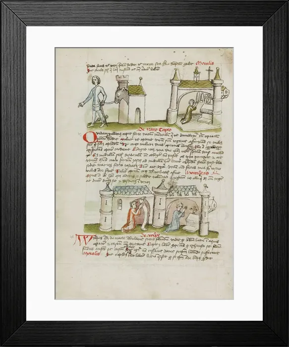 Framed Print : A Man with a Sword and Spurs Leading a Donkey from his House... third quarter of 15th century. Creator: Unknown Framed Print : A Man with a Sword and Spurs Leading a Donkey from his House... third quarter of 15th century. Creator: Unknown