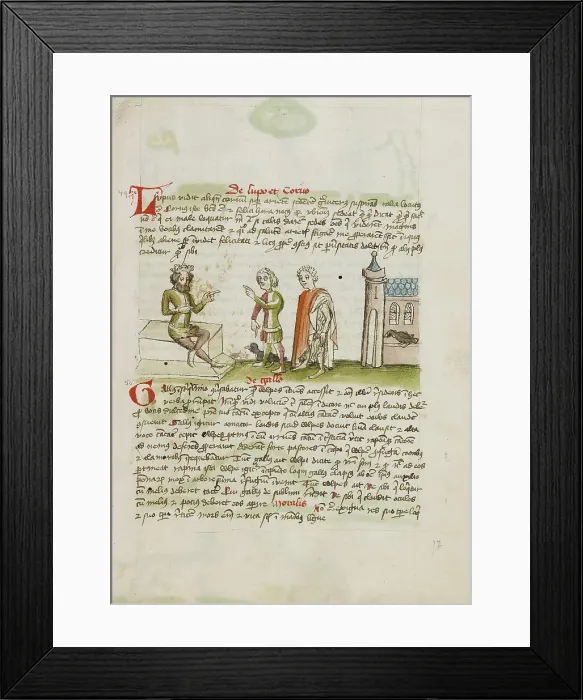 Framed Print : A Crowned Judge Enthroned Speaking to a Man with a Black Bird; Fables, third quarter of 15th century Creator: Unknown Framed Print : A Crowned Judge Enthroned Speaking to a Man with a Black Bird; Fables, third quarter of 15th century Creator: Unknown