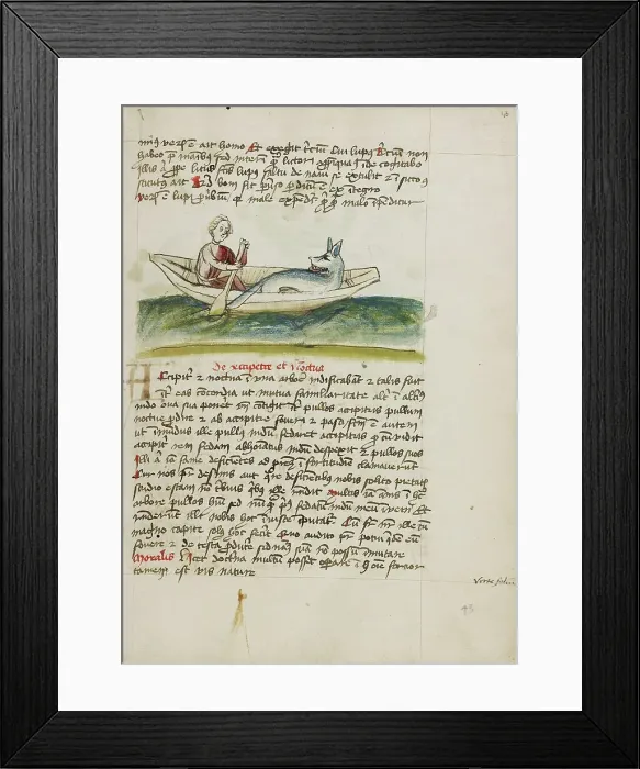 Framed Print : A Ferryman with a Wolf in a Boat; Fables, third quarter of 15th century. Creator: Unknown Framed Print : A Ferryman with a Wolf in a Boat; Fables, third quarter of 15th century. Creator: Unknown