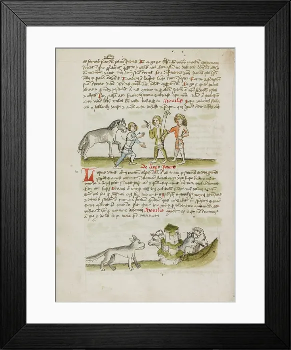 Framed Print : A Man Leading a Horse to Two Other Men: A Wolf before a Flock of... third quarter of 15th cent. Creator: Unknown Framed Print : A Man Leading a Horse to Two Other Men: A Wolf before a Flock of... third quarter of 15th cent. Creator: Unknown
