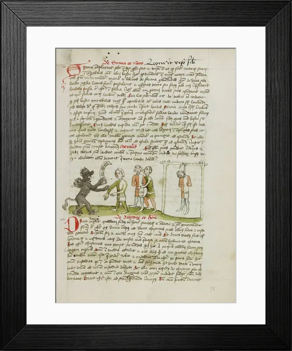 Framed Print : The Devil with a Man Wearing a Blindfold: The Man Hanging from a... third quarter of 15th century. Creator: Unknown Framed Print : The Devil with a Man Wearing a Blindfold: The Man Hanging from a... third quarter of 15th century. Creator: Unknown
