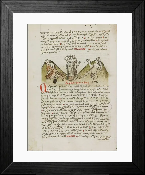 Framed Print : A Woman and a Nude Man and a Cleric Speaking to the Man; Fables, third quarter of 15th century. Creator: Unknown Framed Print : A Woman and a Nude Man and a Cleric Speaking to the Man; Fables, third quarter of 15th century. Creator: Unknown