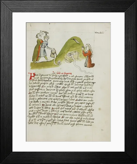 Framed Print : A Woman in Prayer and a Snake on a Nearby Hillock: A Man Trying... third quarter of 15th century. Creator: Unknown Framed Print : A Woman in Prayer and a Snake on a Nearby Hillock: A Man Trying... third quarter of 15th century. Creator: Unknown