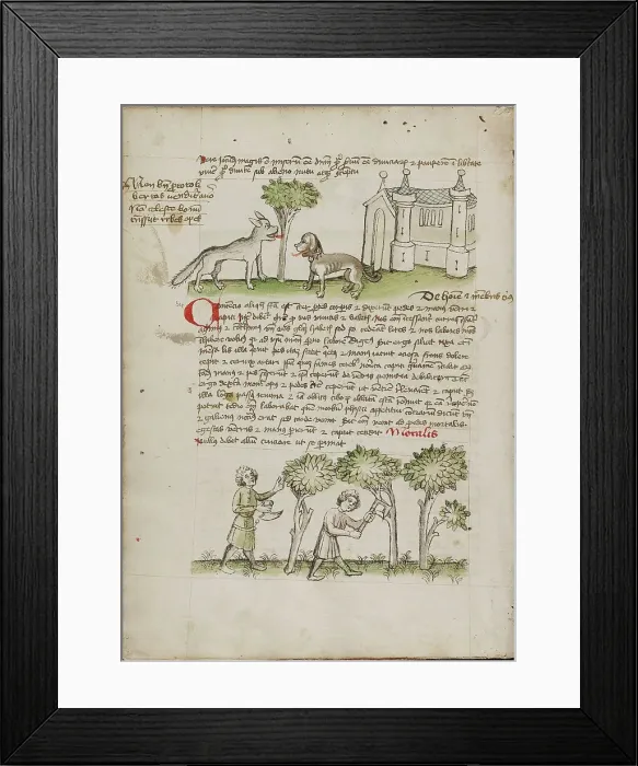 Framed Print : A Wolf and a Dog under a Tree: Two Men Chopping Trees; Fables, third quarter of 15th century. Creator: Unknown Framed Print : A Wolf and a Dog under a Tree: Two Men Chopping Trees; Fables, third quarter of 15th century. Creator: Unknown