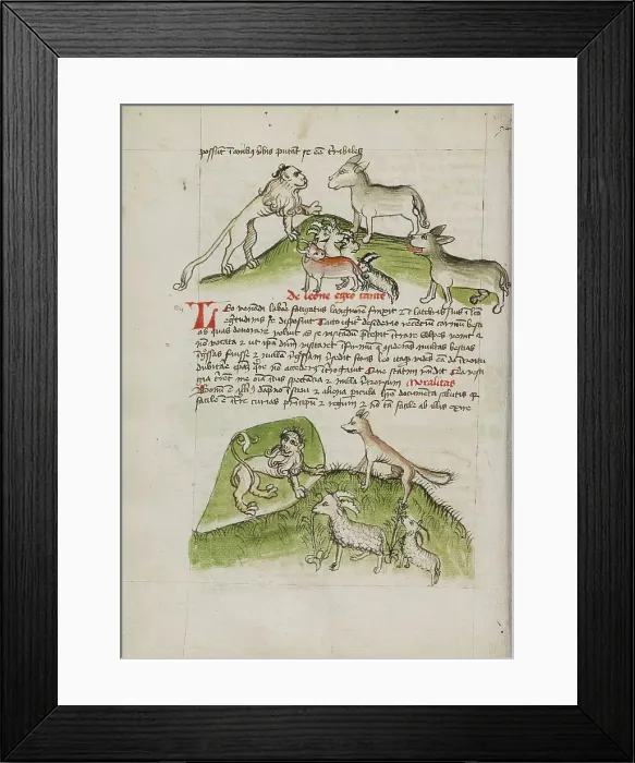 Framed Print : Lions and a Donkey with Other Animals: A Lion in his Den and a Fox... third quarter of 15th cent. Creator: Unknown Framed Print : Lions and a Donkey with Other Animals: A Lion in his Den and a Fox... third quarter of 15th cent. Creator: Unknown