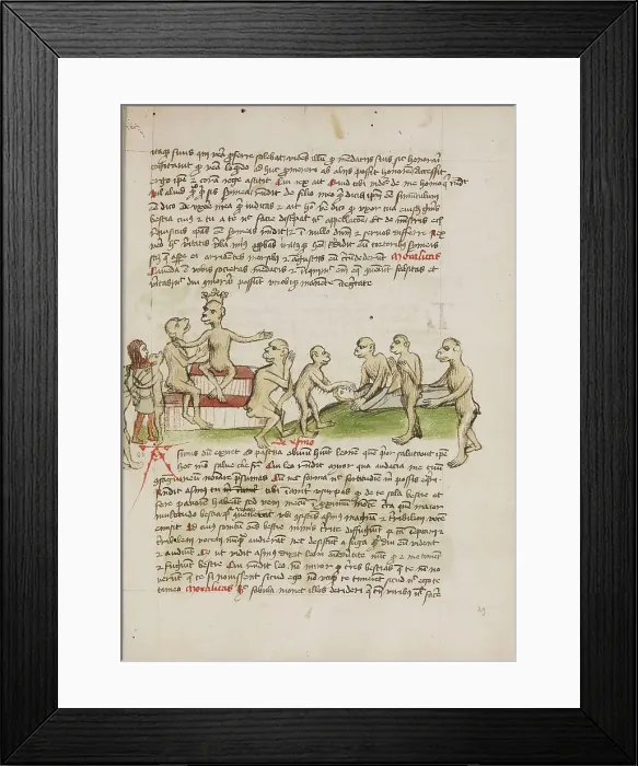 Framed Print : Two Monkeys Leading a Chained Man before a Crowned Monkey... third quarter of 15th century. Creator: Unknown Framed Print : Two Monkeys Leading a Chained Man before a Crowned Monkey... third quarter of 15th century. Creator: Unknown