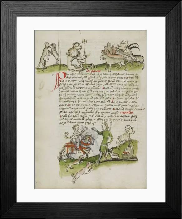 Framed Print : A Wolf Fighting with a Ram and a Lion with a Scepter before a Group... third quarter of 15th cent. Creator: Unknown Framed Print : A Wolf Fighting with a Ram and a Lion with a Scepter before a Group... third quarter of 15th cent. Creator: Unknown