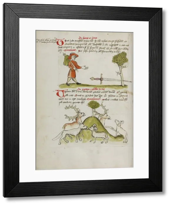 Framed Print : A Traveler Finding a Sword under a Tree: A Stag and a Sheep... third quarter of 15th century. Creator: Unknown Framed Print : A Traveler Finding a Sword under a Tree: A Stag and a Sheep... third quarter of 15th century. Creator: Unknown