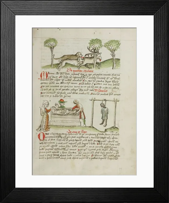 Framed Print : A Dog Hunting a Stag: A Man Killed by Hanging and A Woman Laying... third quarter of 15th century. Creator: Unknown Framed Print : A Dog Hunting a Stag: A Man Killed by Hanging and A Woman Laying... third quarter of 15th century. Creator: Unknown