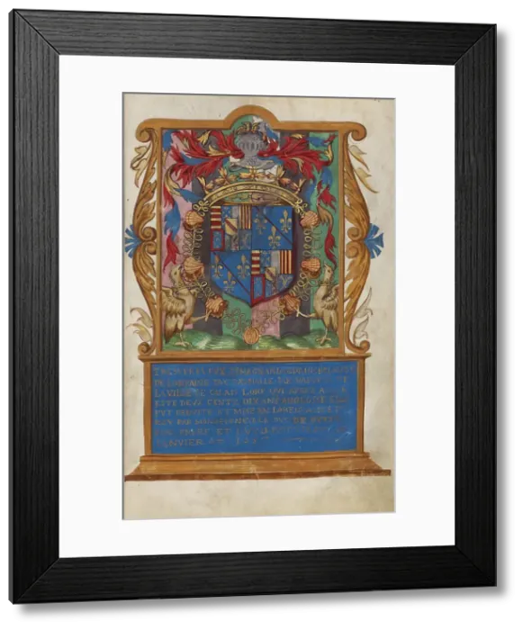 Framed Print : Frontispiece with Coat of Arms of Claude de Lorraine, Duc d'Aumale, about 1557. Creator: Unknown Framed Print : Frontispiece with Coat of Arms of Claude de Lorraine, Duc d'Aumale, about 1557. Creator: Unknown