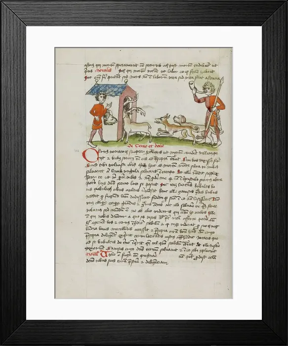 Framed Print : A Hunter with Dogs Hunting Stag Which Runs into an Ox Stall... third quarter of 15th century. Creator: Unknown Framed Print : A Hunter with Dogs Hunting Stag Which Runs into an Ox Stall... third quarter of 15th century. Creator: Unknown