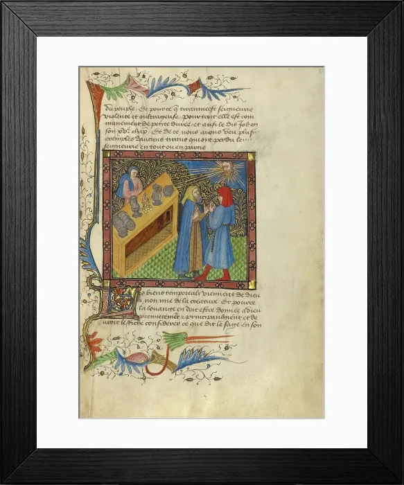 Framed Print : Two Men Standing before a Bench of Money, Plates, and Goblets; Livre de Bonnes Moeurs, about 1430. Creator: Unknown Framed Print : Two Men Standing before a Bench of Money, Plates, and Goblets; Livre de Bonnes Moeurs, about 1430. Creator: Unknown