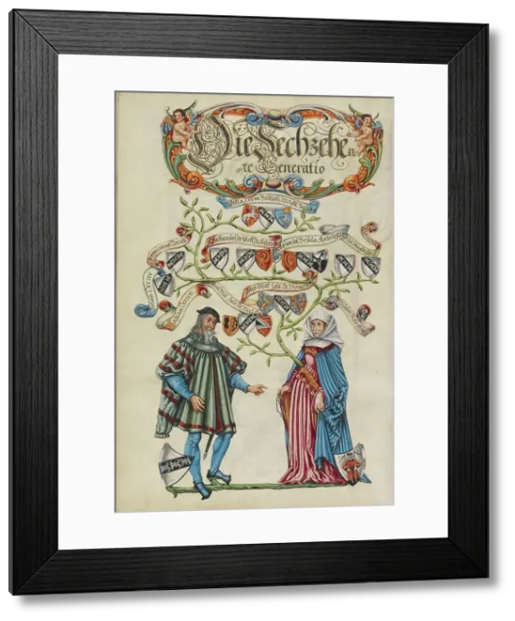 Framed Print : The Sixteenth Generation, Lasslau Derrer; Genealogy of the Derrer Family, about 1626-1711. Creator: Unknown Framed Print : The Sixteenth Generation, Lasslau Derrer; Genealogy of the Derrer Family, about 1626-1711. Creator: Unknown
