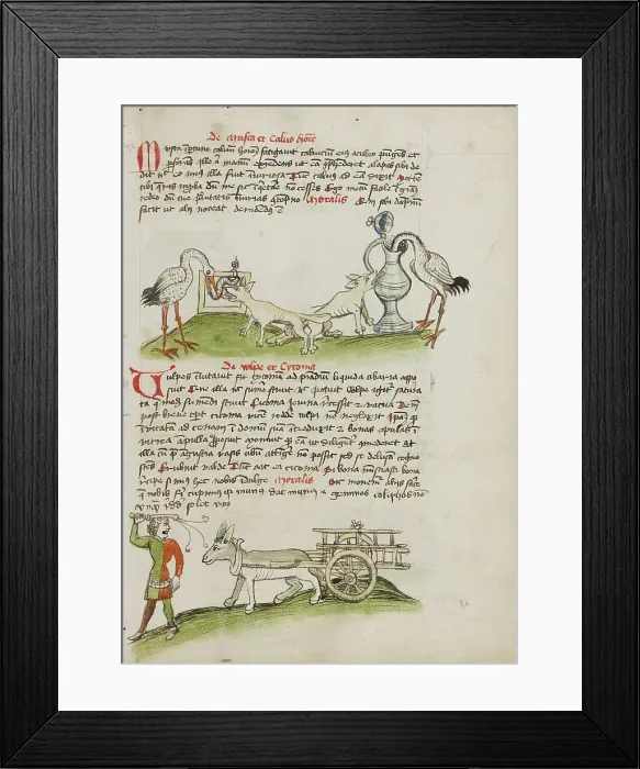 Framed Print : A Stork with its Head in a Vessel and a Fox Nearby: A Stork... third quarter of 15th century. Creator: Unknown Framed Print : A Stork with its Head in a Vessel and a Fox Nearby: A Stork... third quarter of 15th century. Creator: Unknown